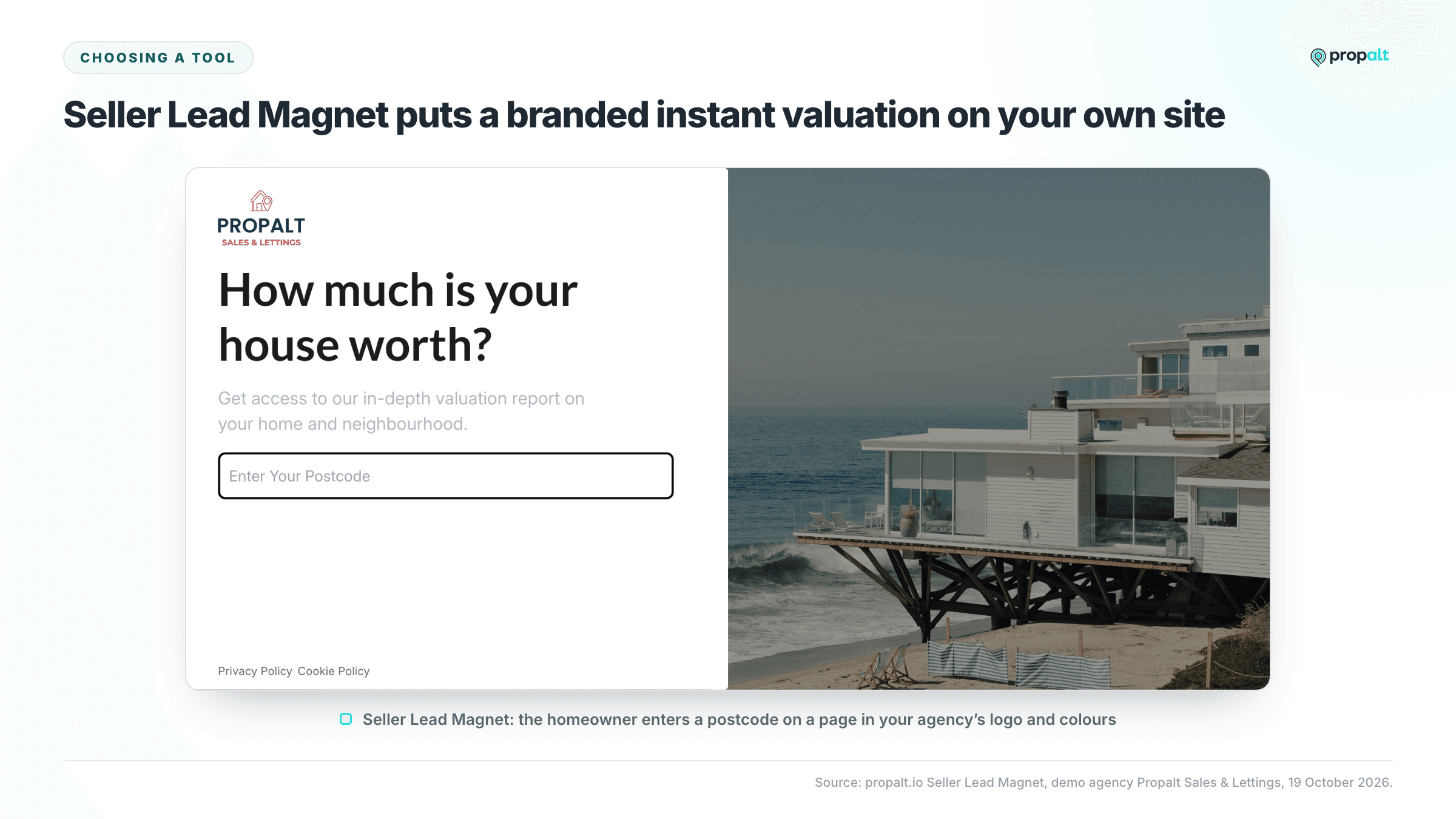 The Propalt Seller Lead Magnet page asking "How much is your house worth?" with a postcode box in the agency's branding.