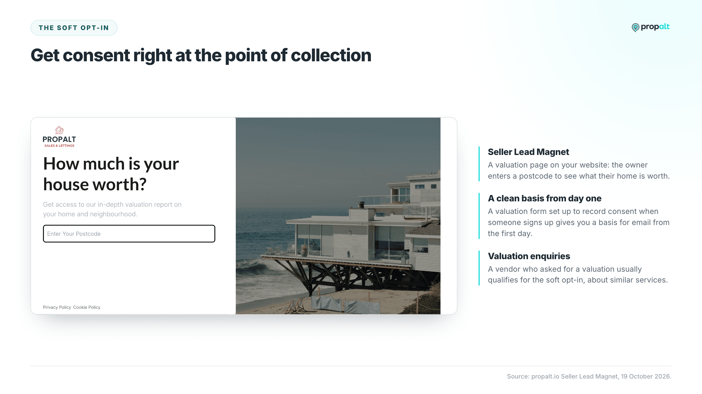 Propalt Seller Lead Magnet valuation page asking for a postcode, with notes on recording consent at sign up.