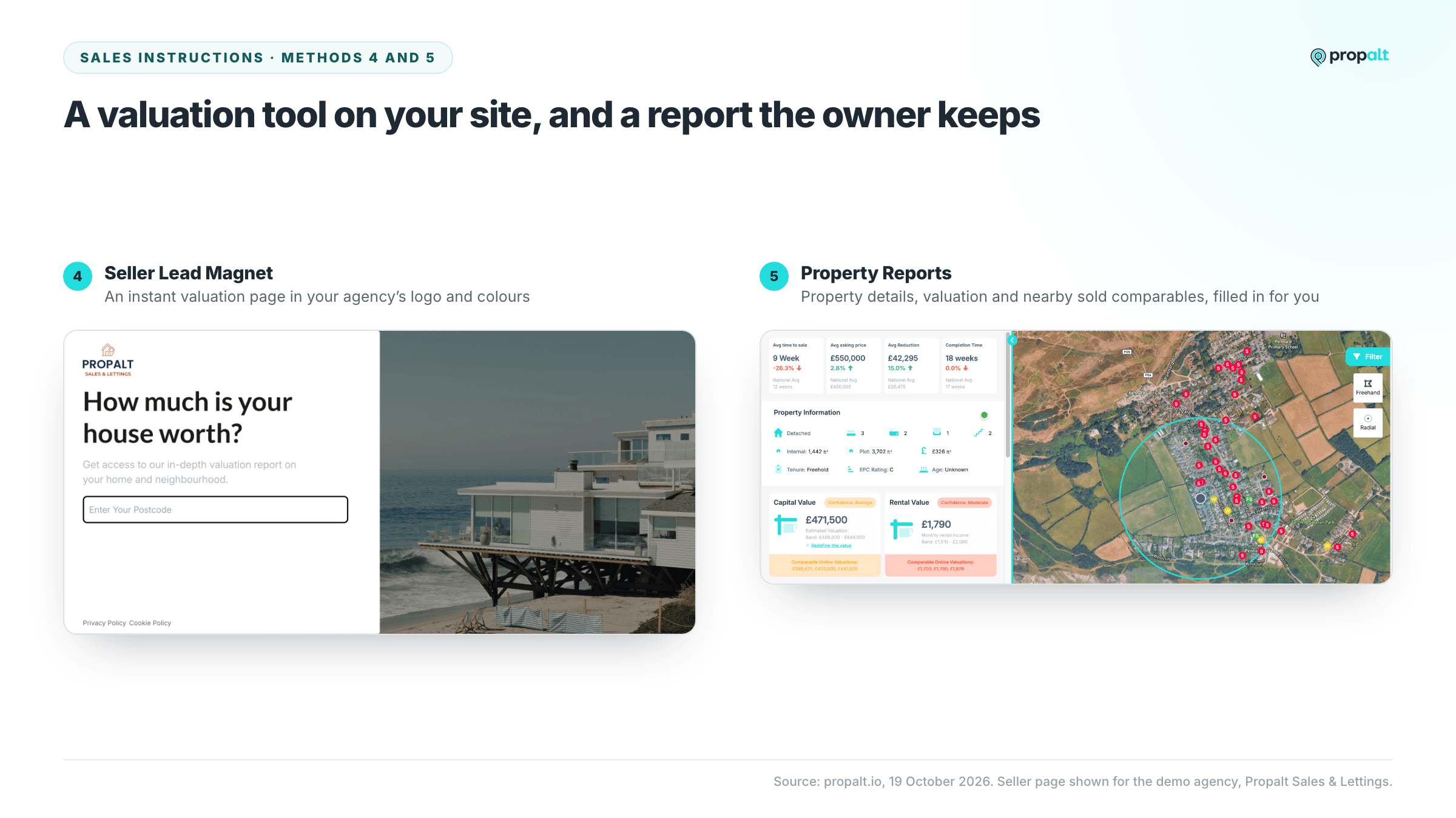 Propalt Seller Lead Magnet valuation page and a property report with nearby sold comparables
