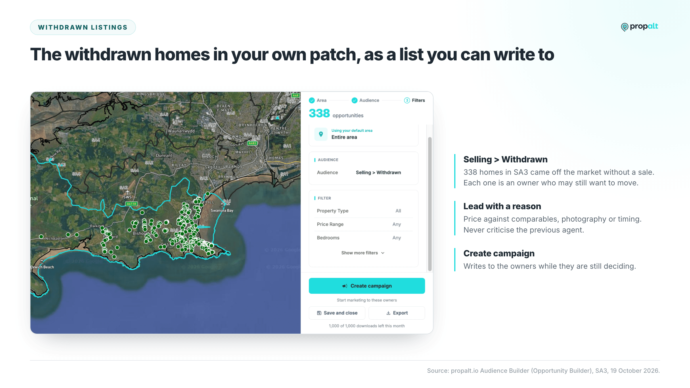 Propalt Audience Builder showing 338 withdrawn listings in SA3